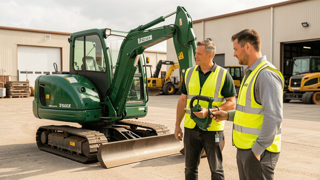 Two contractors discussing equipment while handling a small component