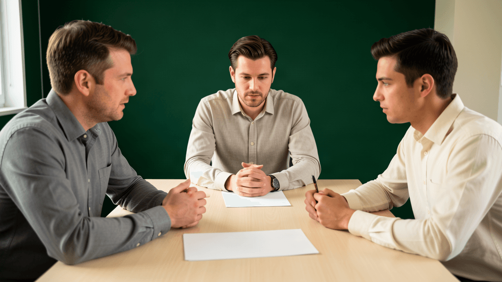 Three business owners reviewing a proposal together at a conference table
