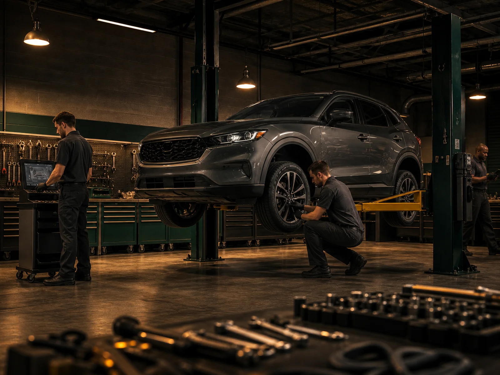 Three technicians around an SUV raised on a lift, one at a diagnostic scan tool, one crouched at a front wheel and one at the far bench, with spanners and sockets laid out in the foreground.