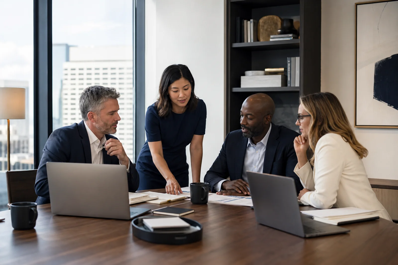 Four colleagues around a boardroom table with laptops and a printed page open between them, one of them standing to point something out, with the city through the window behind.
