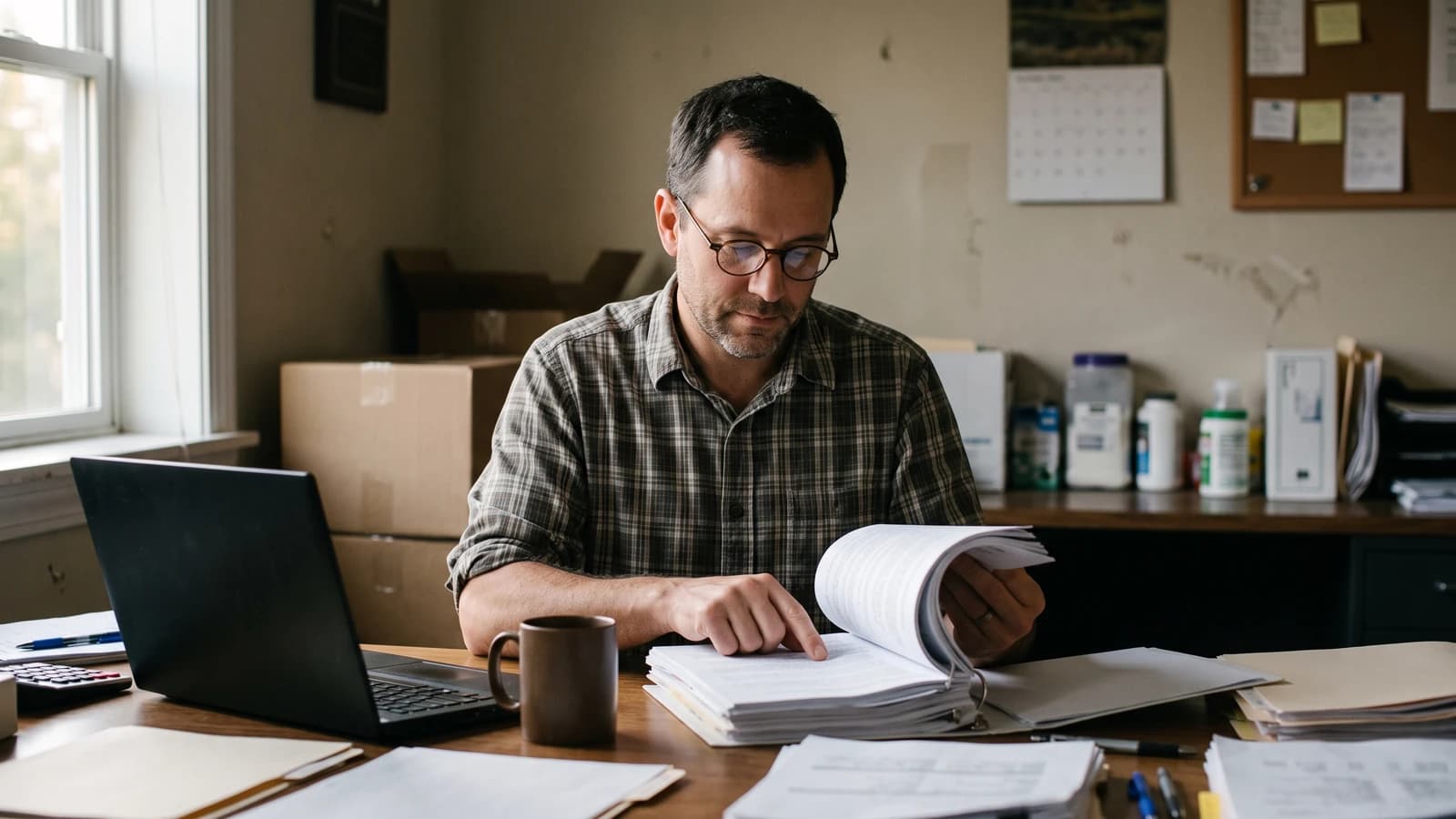 Small business owner reviewing a stack of financing paperwork at his cluttered desk