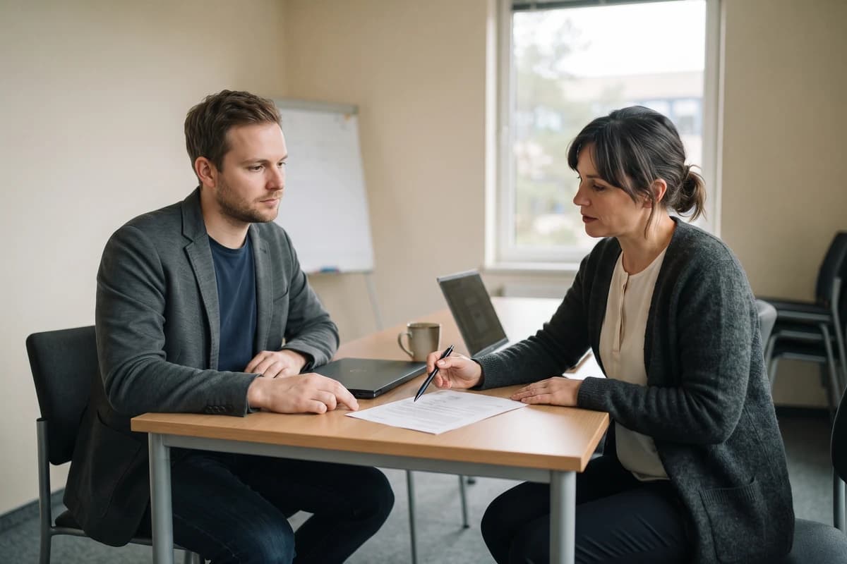 Business owner and broker reviewing a printed one-page fee agreement across a table