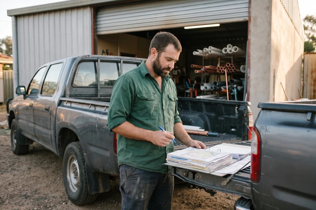Plumbing shop owner going through a binder of business paperwork at his pickup tailgate