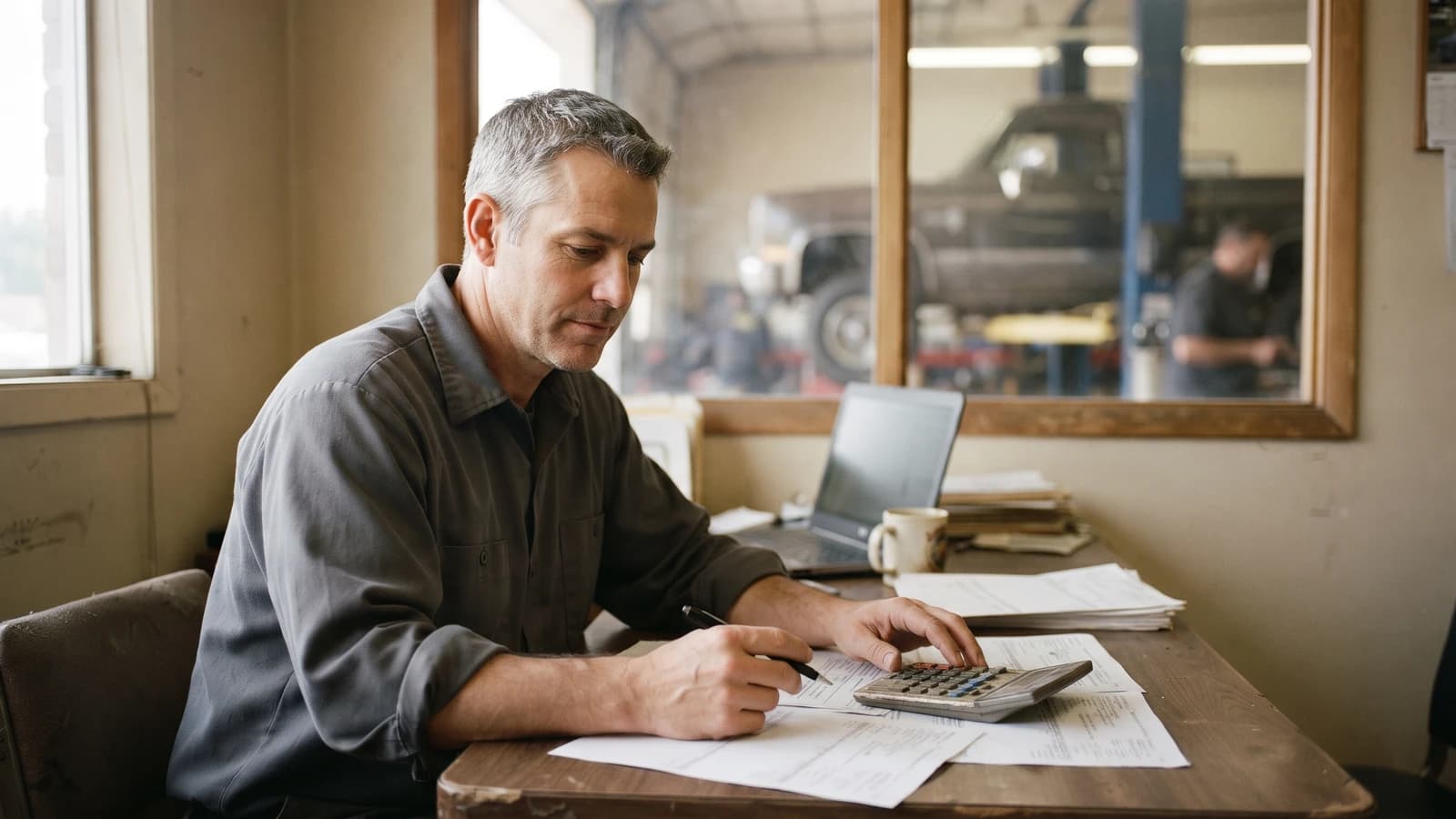 Auto repair shop owner working out his cash flow on paper statements and a calculator