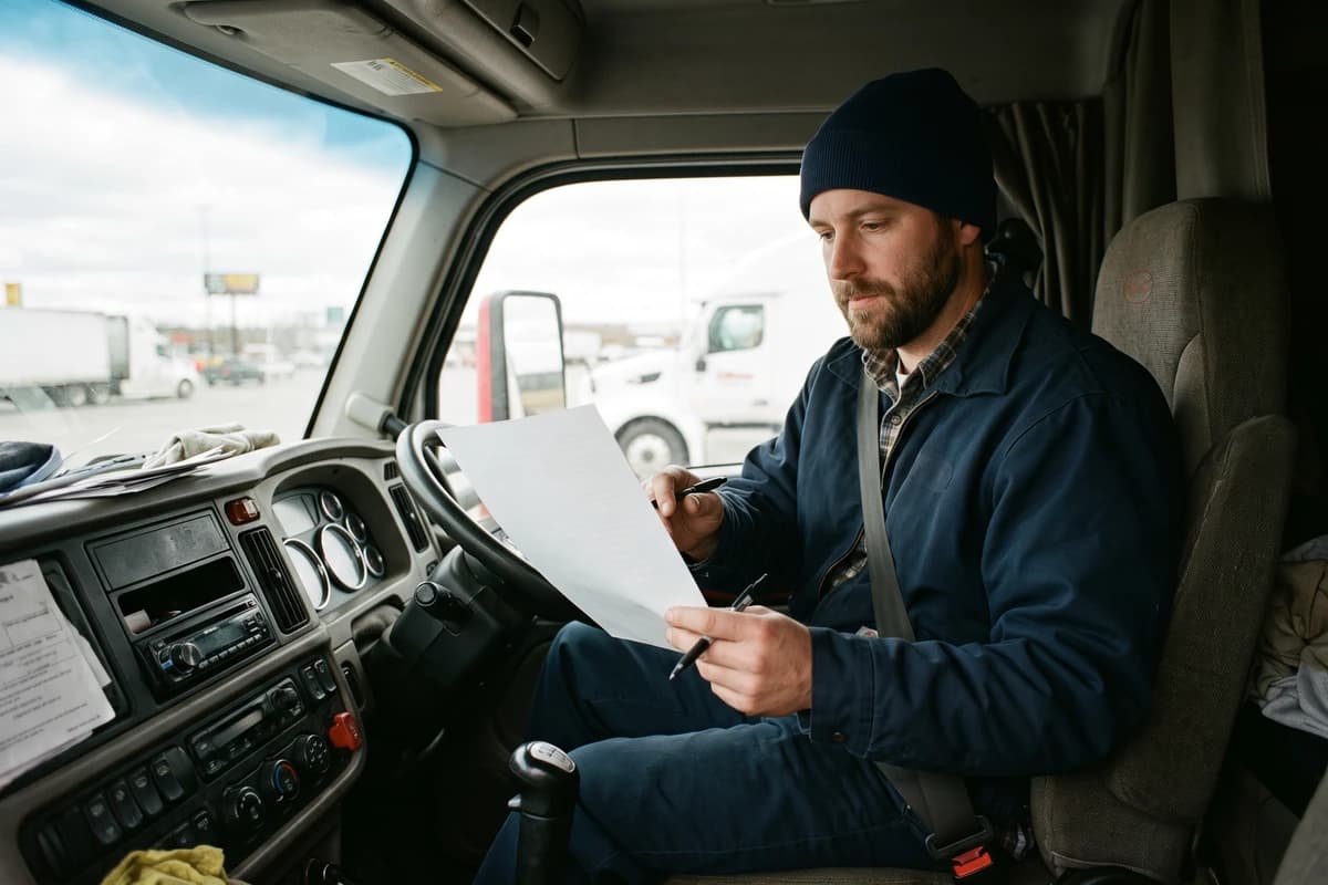 Owner-operator truck driver reviewing a factoring agreement in the cab of his semi truck