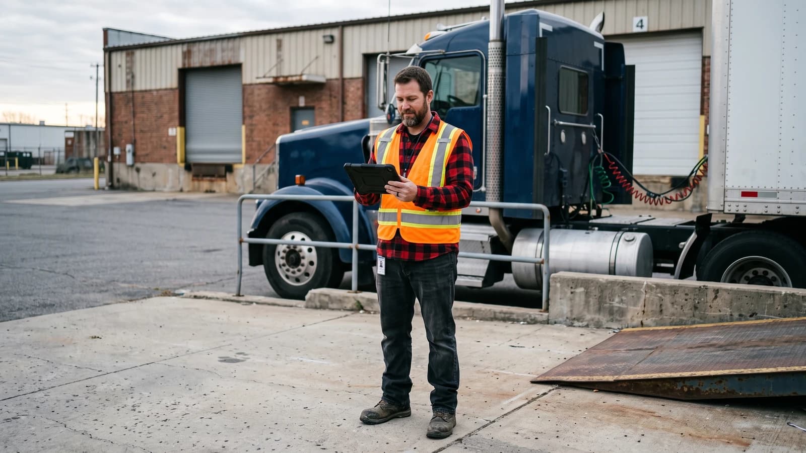 Owner-operator truck driver checking a tablet beside his semi truck at a loading dock