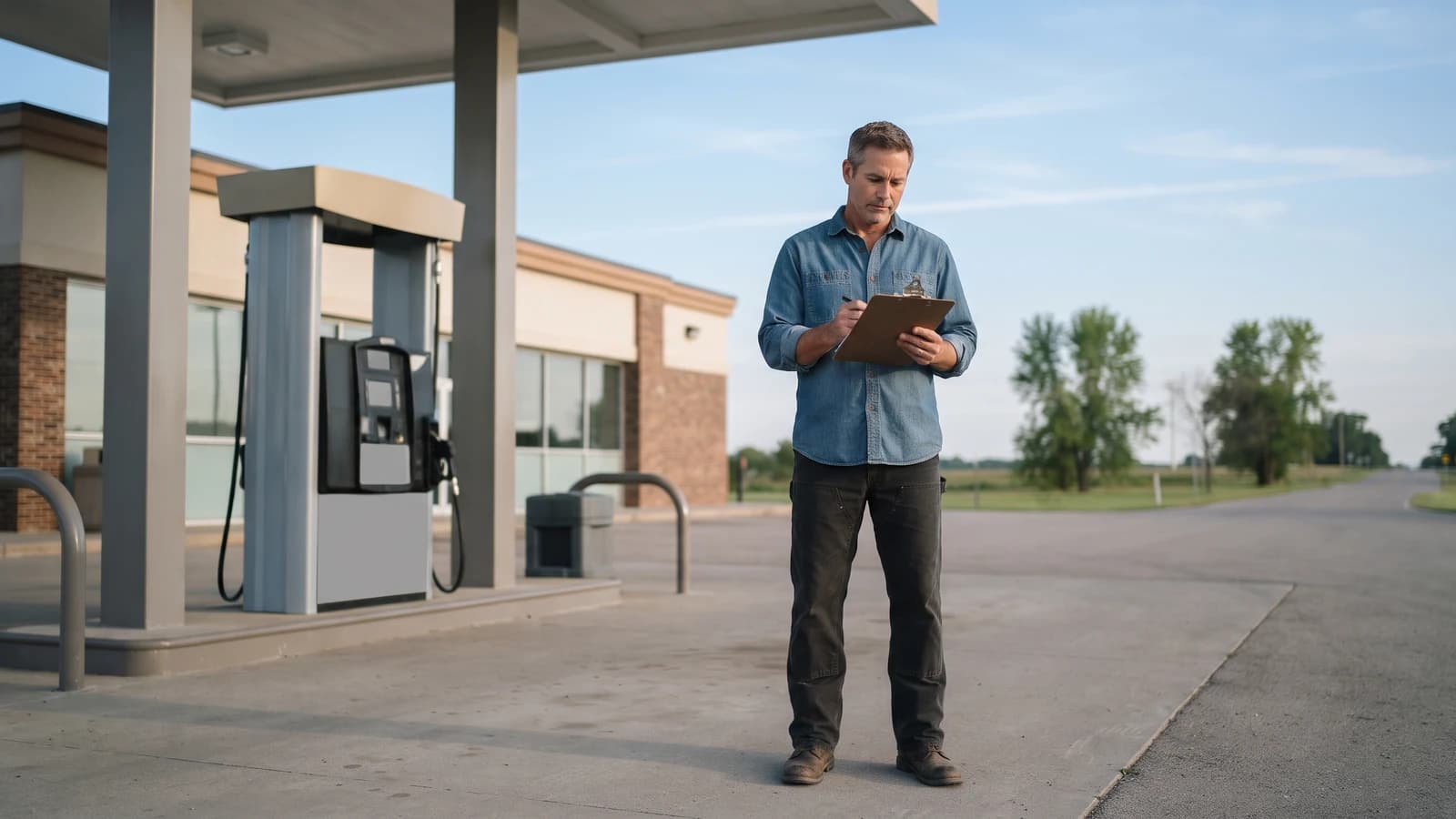 Gas station owner reviewing papers on a clipboard beside his fuel pumps and store