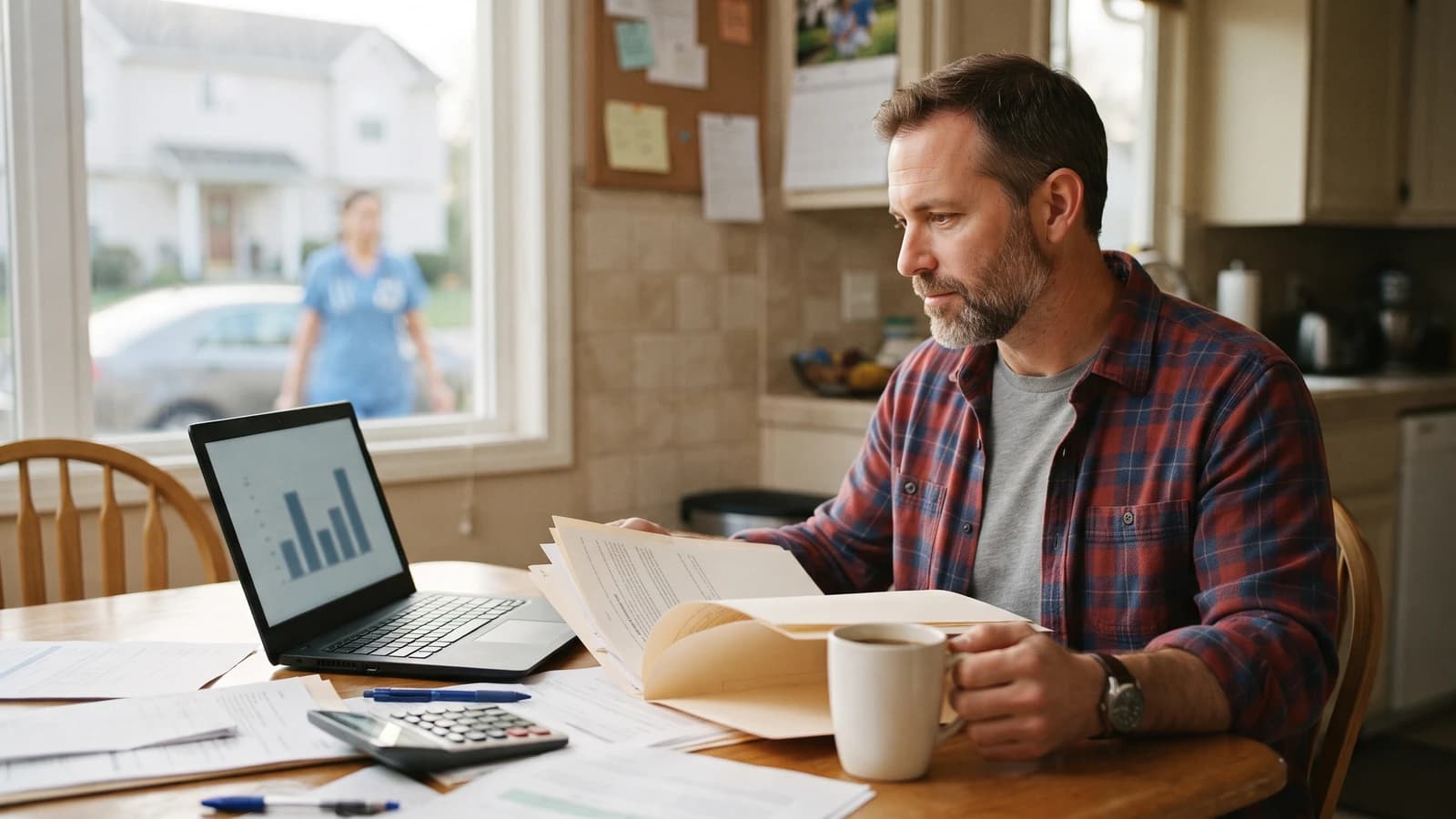 Home care agency owner reviews loan paperwork and a laptop chart at his kitchen table