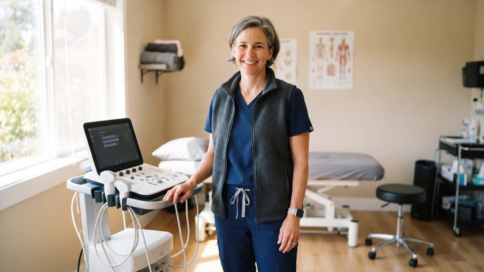 Private practice owner standing beside a newly installed ultrasound machine in a treatment room