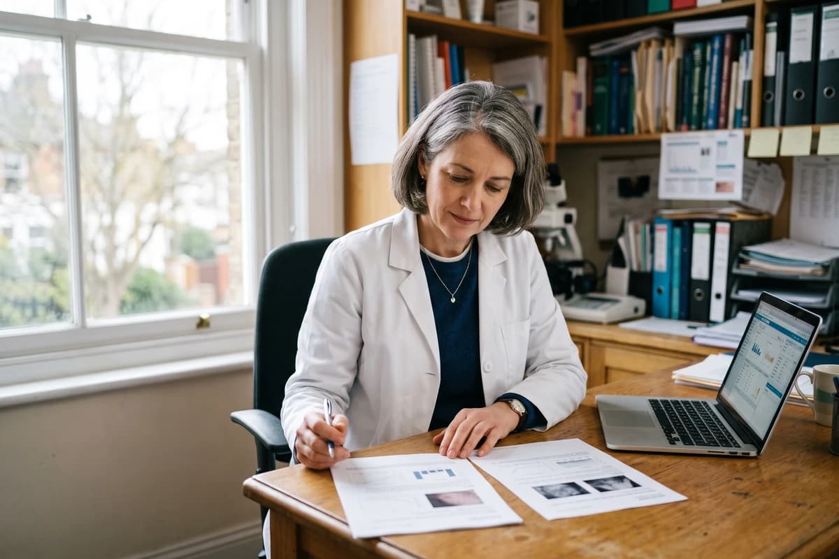 Practice owner in a white coat comparing two printed financing offers side by side at a desk