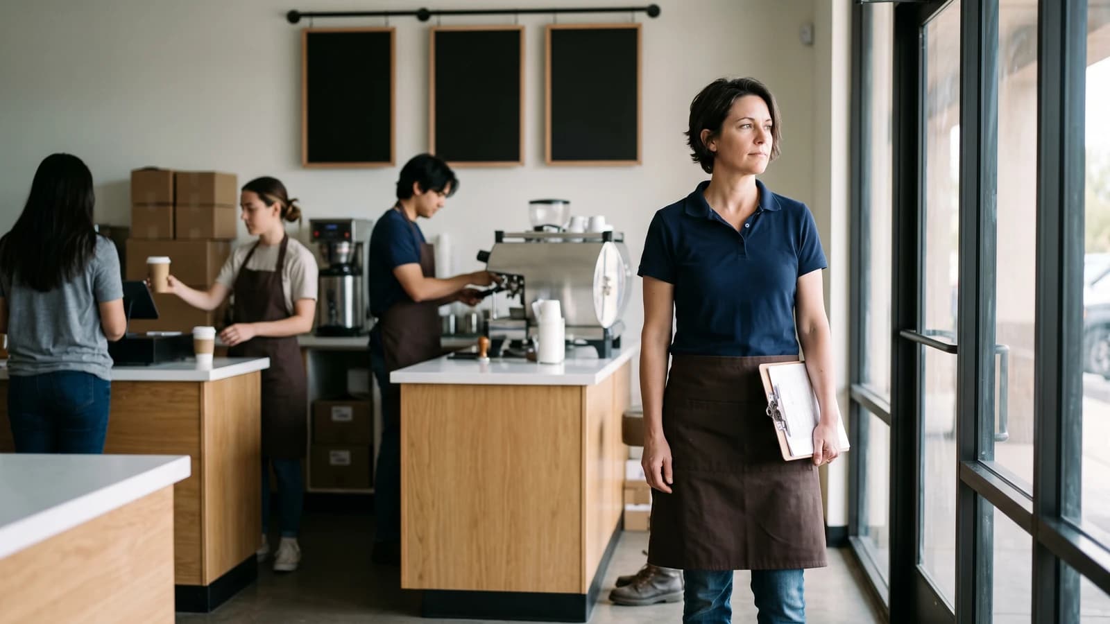 New franchise owner overseeing opening day inside her newly financed quick-service cafe