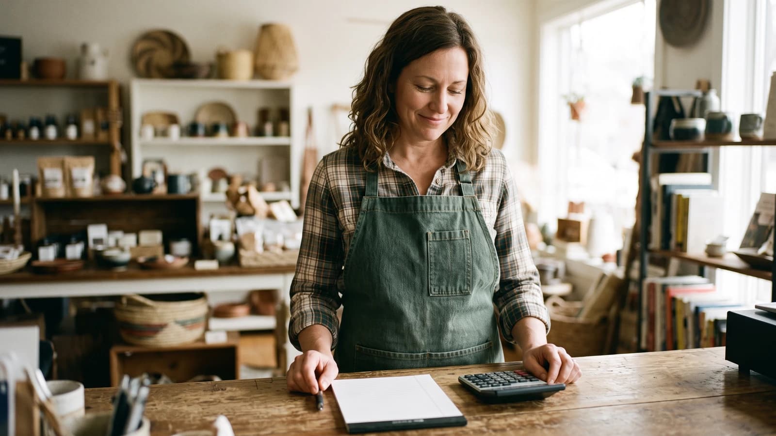 Small business owner reviewing short-term loan costs at the counter of their shop