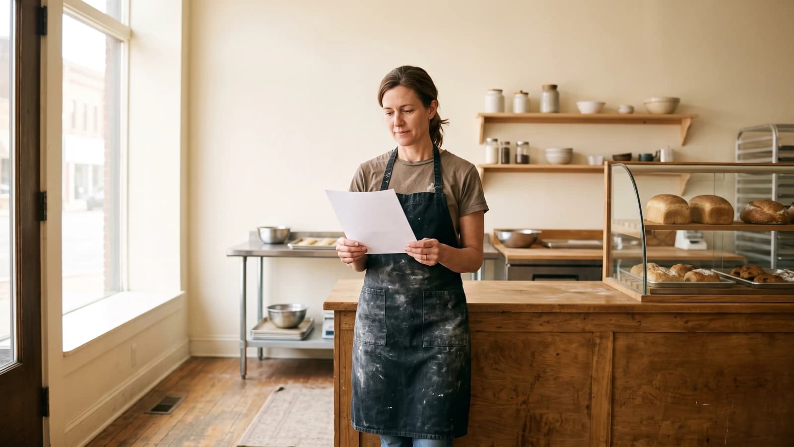 Small bakery owner reading a loan agreement calmly behind her counter