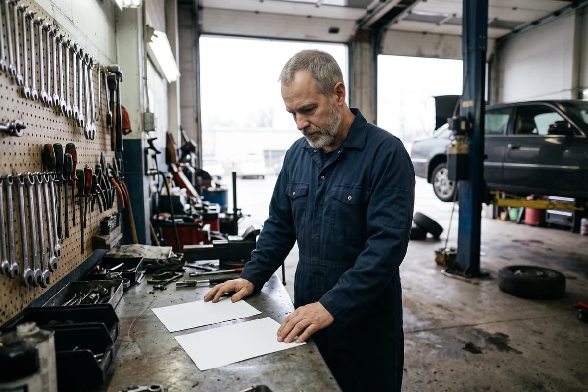 Auto repair shop owner comparing two blank financing term sheets at his workbench