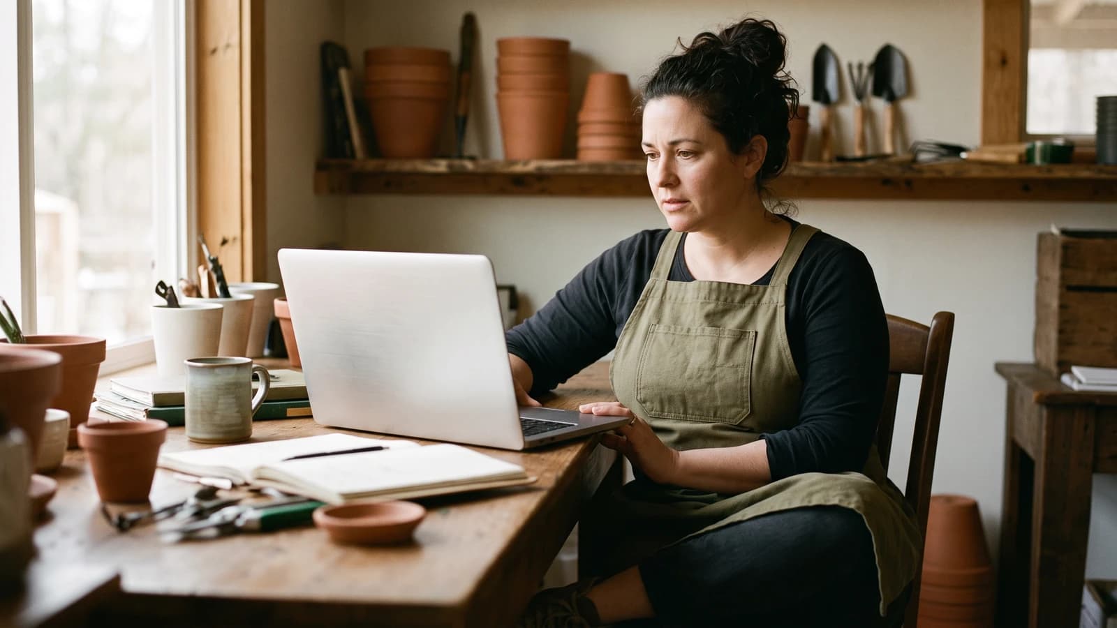 Small plant nursery owner at her back-office desk, looking at a laptop with a concerned expression