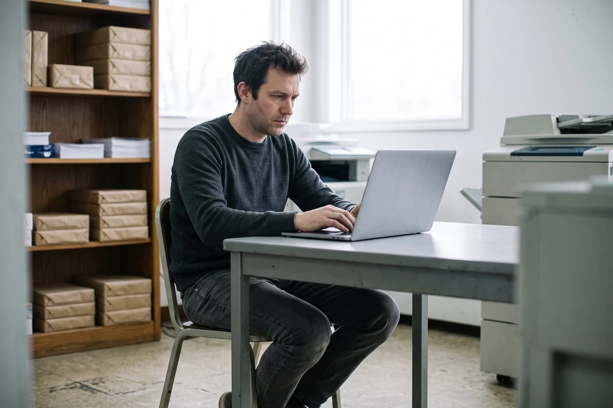 Print shop owner typing on a laptop in his office while searching business records