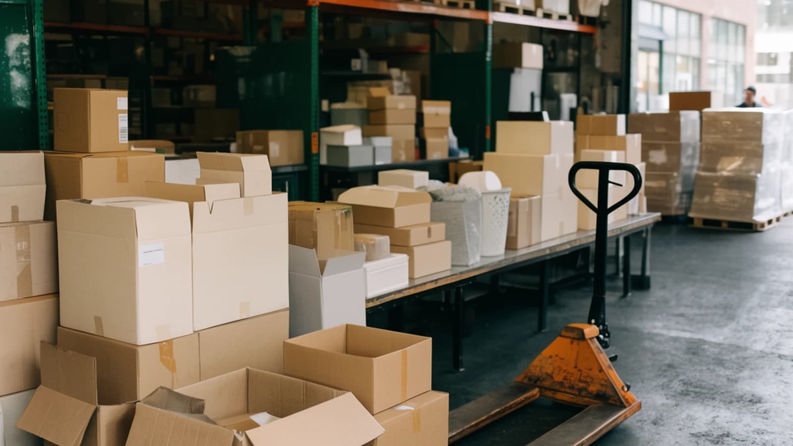 Inventory moves from receiving through picking and packing toward outbound shipment in a seasonal distributor's warehouse.