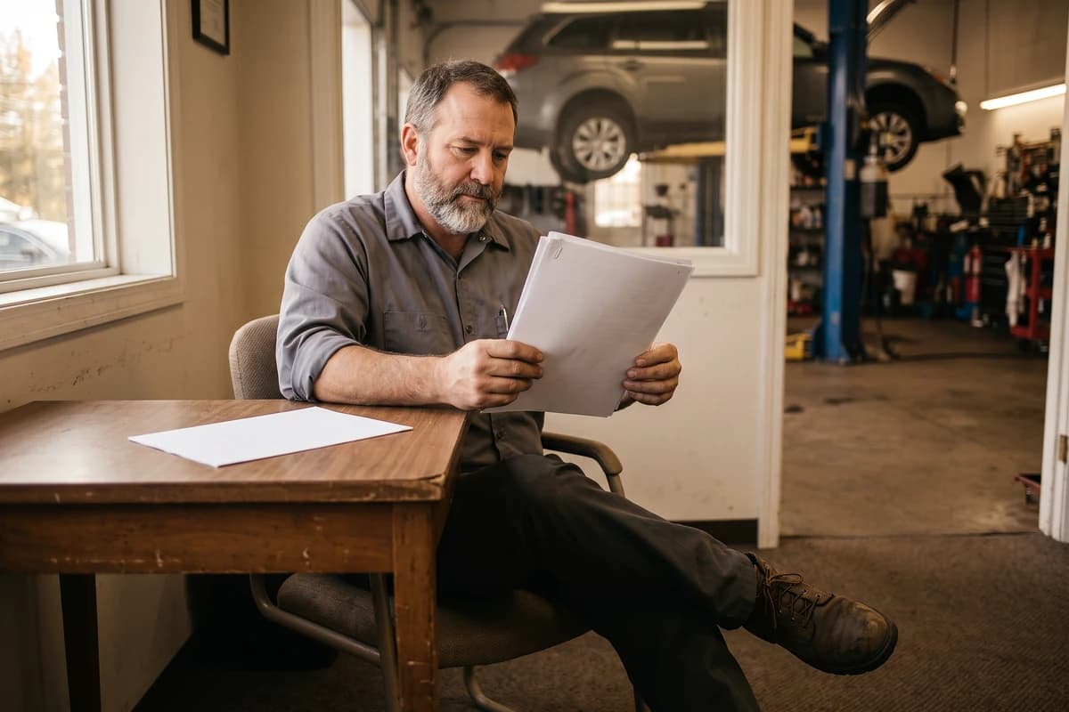 Auto repair shop owner carefully reading a loan security agreement at his desk