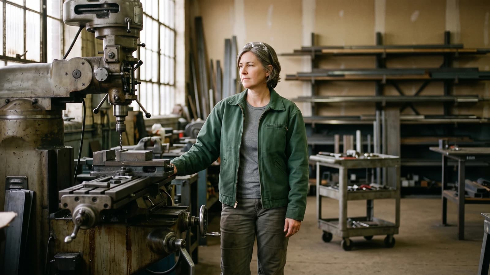 Small metal fabrication shop owner standing beside her milling machine, considering it as loan collateral