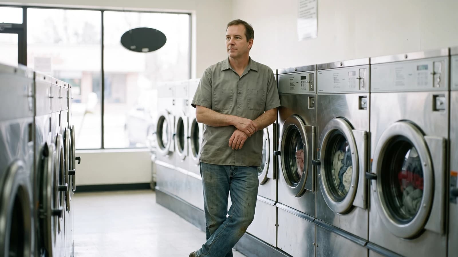 New laundromat owner standing calmly between rows of running washers he bought on proven numbers.