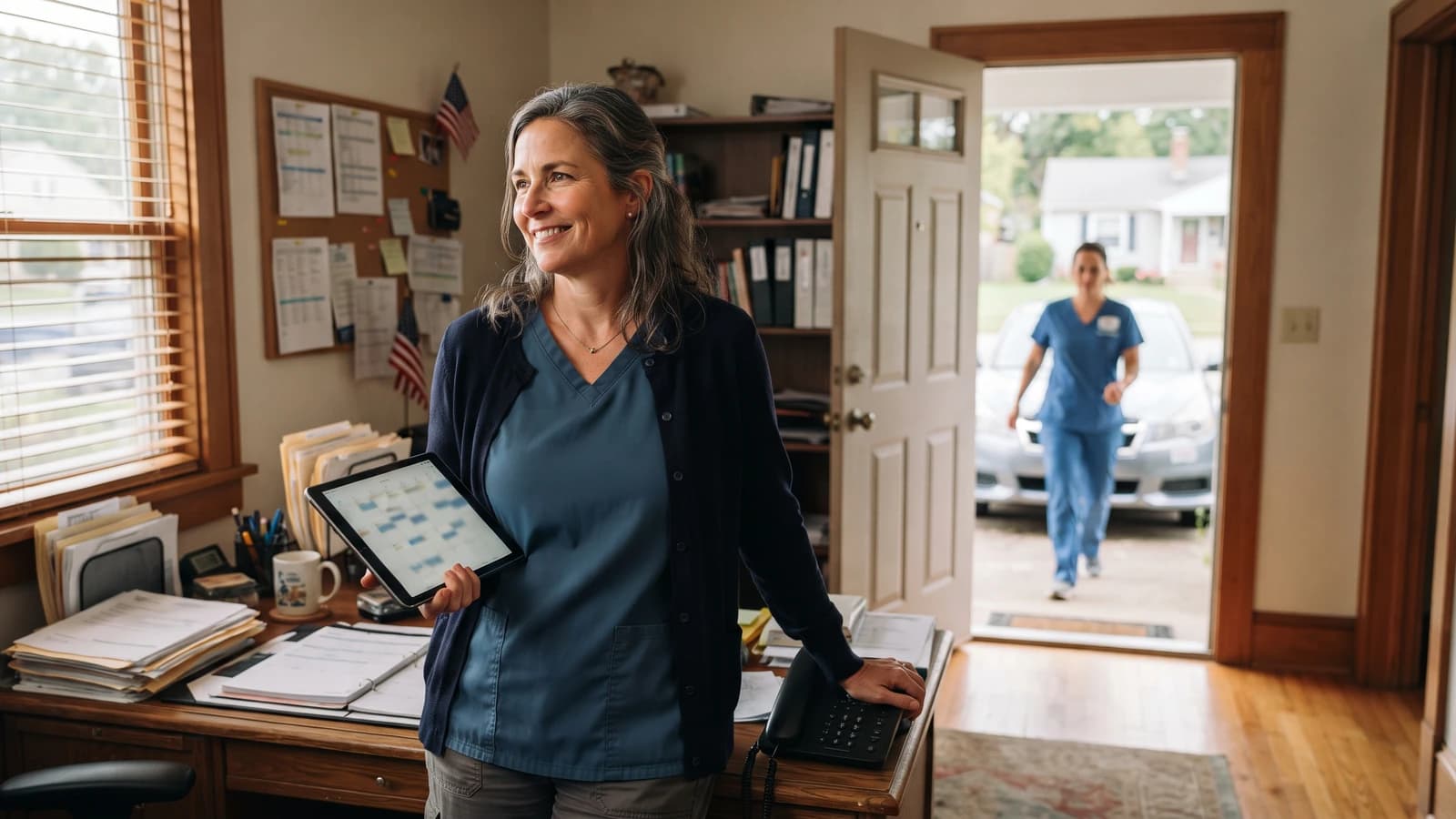Home care agency owner checks a caregiver visit schedule as a caregiver heads out to a client's home