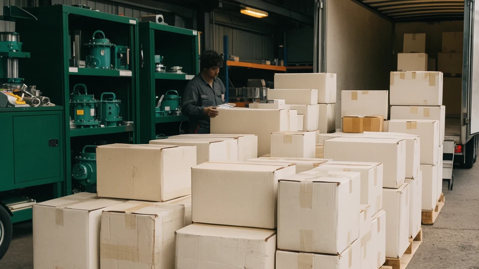 A large batch of finished goods is inspected and staged for shipment before delivery to a customer.