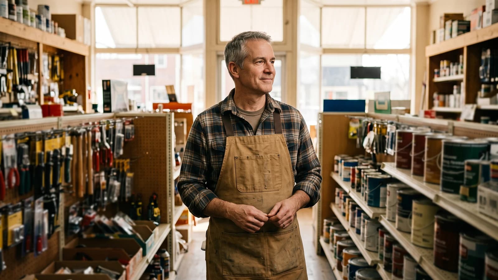 New owner standing in the aisle of the small hardware store he just purchased