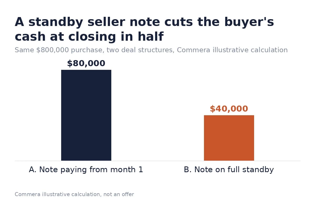 Bar chart: buyer cash at closing is $80,000 under structure A versus $40,000 under structure B